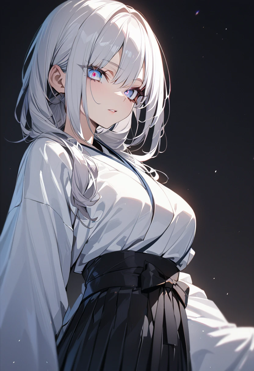 One girl, masterpiece, best quality, beautiful, big eyes, jewel eyes, diamond eyes, white hair, moe sleeves, kimono, hakama, black background