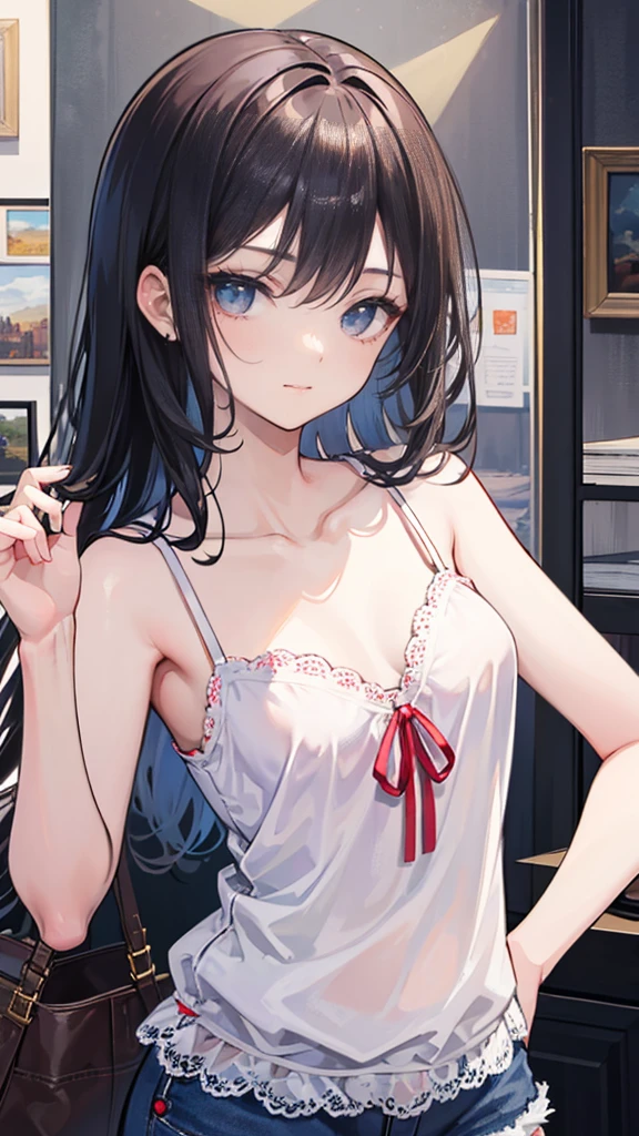 ((Best masterpiece, Perfect quality, Ultra detailed)), A girl is wearing camisole and shorts. With small bust, With skinny body