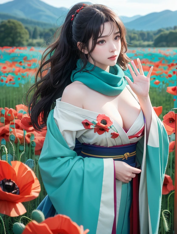 photorealistic, (4k), depth of field, (Masterpiece), (realistic skin texture), extremely detailed, intricate, hyper detailed, high resolution, professional photography, bokeh, sharp detail, best quality, woman,  green kimono, long hair, aqua hair, ponytail, red eyes, red scarf, large breasts, waving , open field,  (field of poppies:1.5), mountains in background,