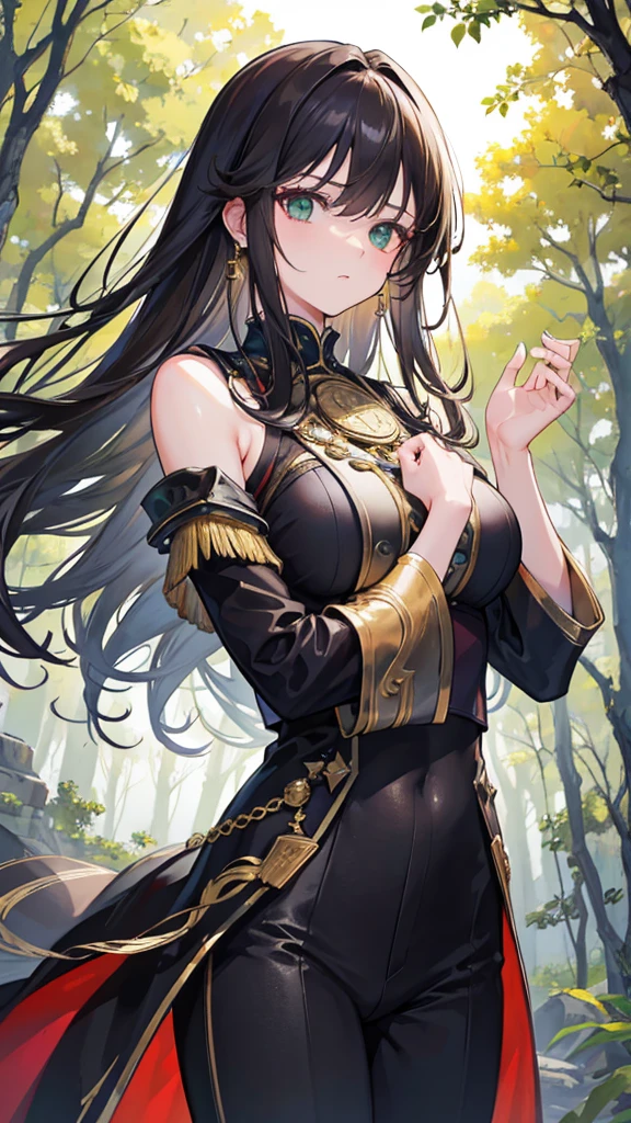 8k, best quality, masterpiece, Very detailed, Semi-realistic, a girl, a girl, 20 years old, looking at hands, Dark brown bangs long hair, curls, Green eyes, Black Japanese tailoring clothes, White pants, Bare shoulders, gold details, Weight loss, Cold expression, Battle scenes, outdoor, Forest Background, There are many trees and dark sky