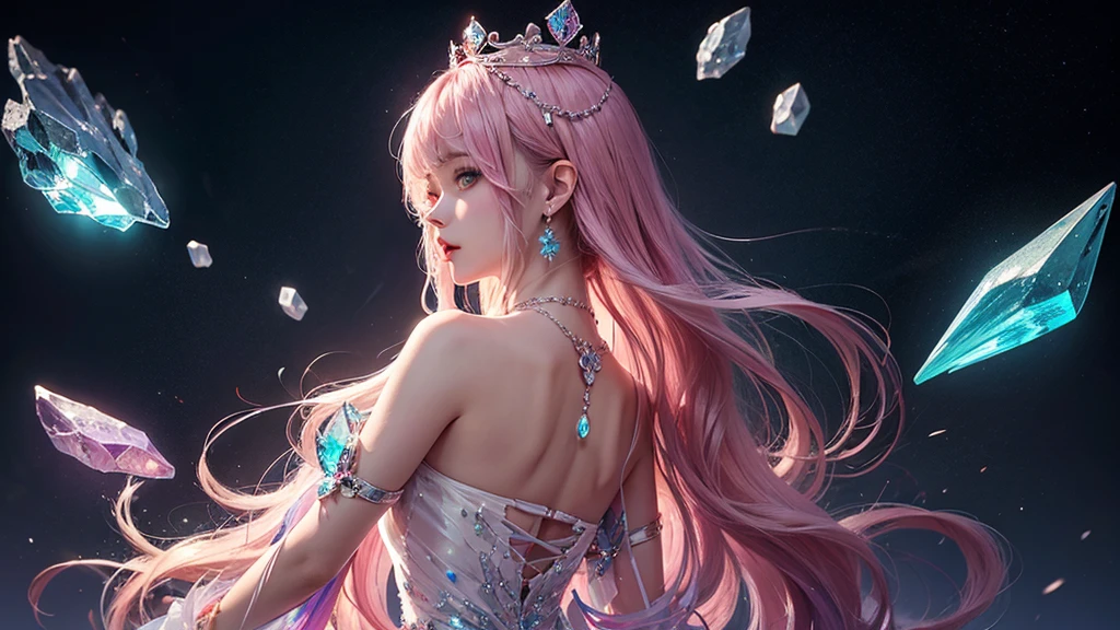 Highest quality，masterpiece，16K，One girl, bangs, Exposing shoulders, chest, Crown, crystallization, dress, From the side, gem,Colorful crystallizations,Crystal Headwear,There are many crystallizations on the clothes,Colorful Gradient Hair,カラフルなdress,Colorful crystals floating,Body crystals,Crystal Necklace,Colorful crystallization decoration,crystalline girl, Gradient Hair, jewelry, Long Hair, compensate, medium chest, Multicolored Hair, Pink Hair, alone, tiara