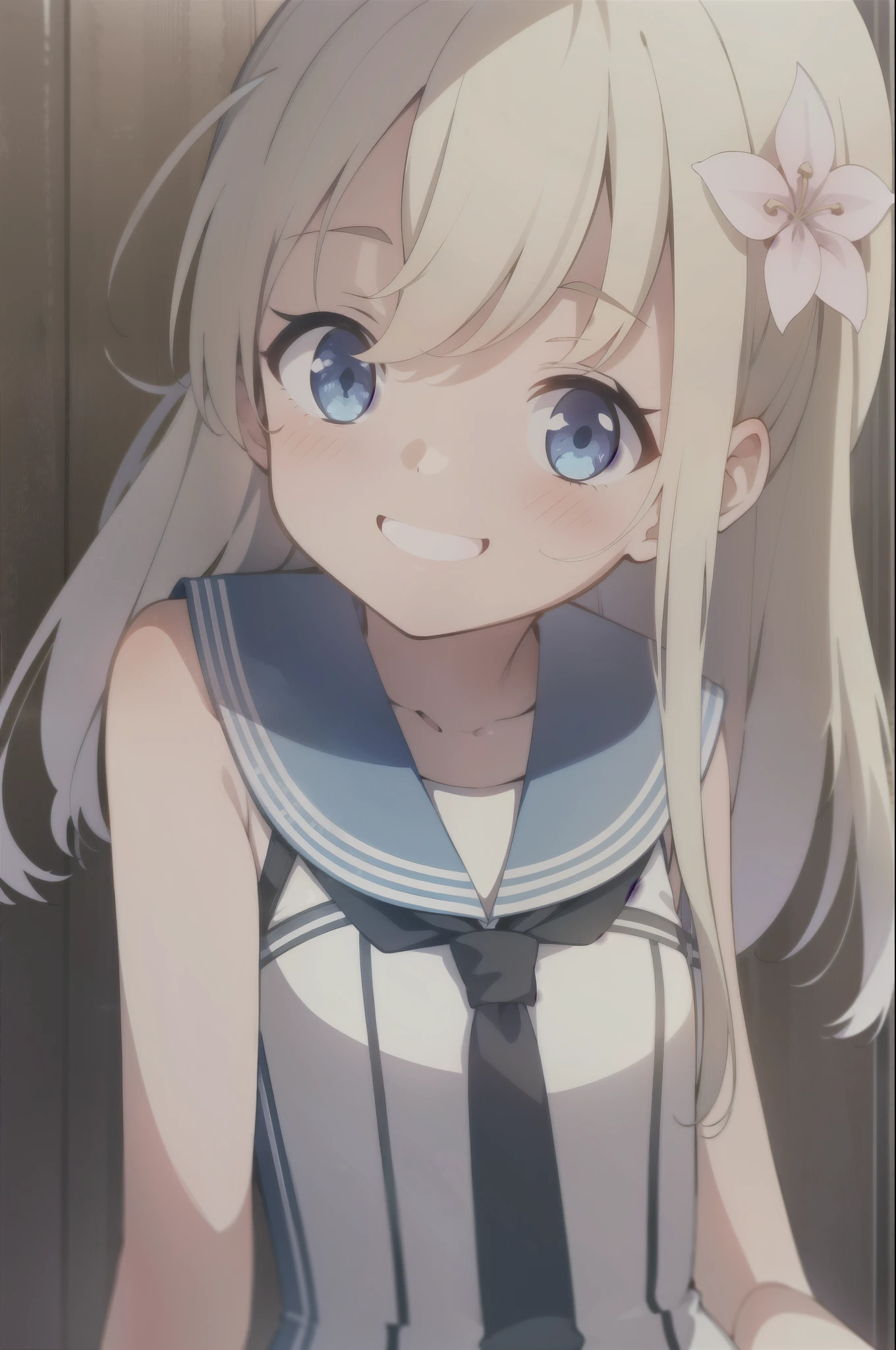 alone, One girl, Upper Body, View your viewers, smile, RO500, Long Hair, Hair Flower, Sunburn, One piece swimsuit, Sailor collar