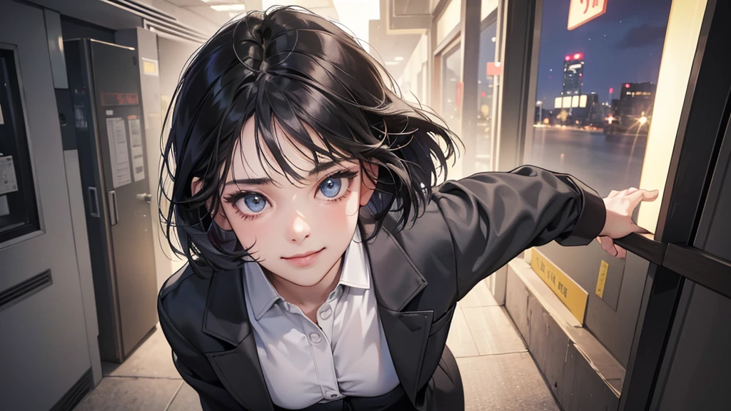 (perfect anatomy:1.2)(absurdres, highres, ultra detailed),masterpiece,best quality,high resolution,8k,Realistic face,Realistic skin texture,magnified textures, stunning clarity,detailed anime girl,(ultra detailed eyes and face),(1 girl:1.2)21years old,she is office worker,,smile:1.2,black hair, bob cut,natural make,grey jacket,grey pants,black brouse,sparkling eyes.small nose,roundface,just left the office when it was time to leave,night,bussines district,she is walking,looks happy,feeling freedom