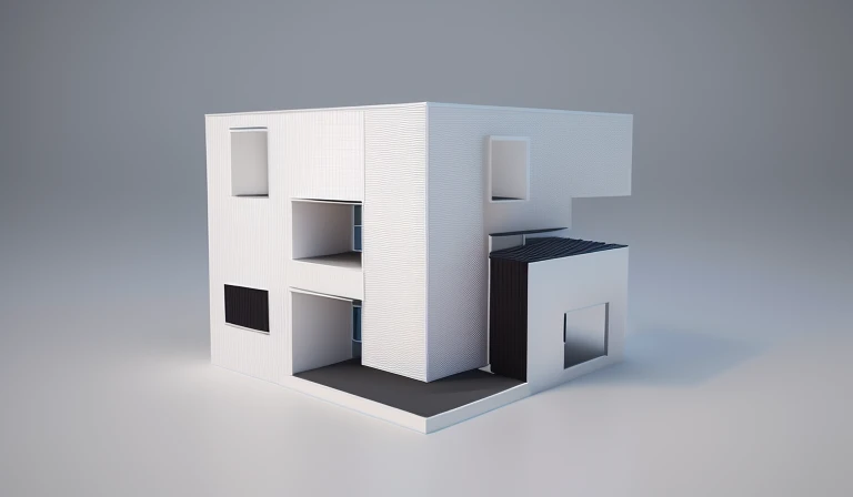 there is a white building with a black roof and a gray floor, isometric view from behind, impossible style architecture, impossible architecture, spelling 3d rendering, spelling, spelling projection, architecture concept, An extremely detailed building, spelling view, in front of the building, spelling front view, architectural concept, 3d model rendered, front spelling
