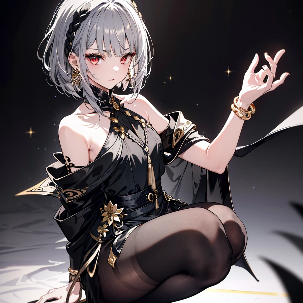 8k,High resolution RAW color art,Anime Art,Silver Marble Skin, (((Very detailed and cute)), Detailed skin, Bokeh、texture,(Exquisitely crafted, The finer details, Ultra-detailed art), (((1 girl))), Depth of written boundary, Silky Touch, Hyper Detail, (((Cool face))), eye shadow、Armed women, Beautiful detailed red eyes, Beautiful lip detail, Highly detailed face, Delicate depiction of hair and eyes, Detailed Fashion, Golden Earrings,Full body depiction, Black half top、(((Shoulder Bare)))、Black shorts、Waist Cloak、black tights、Golden decoration, Grey Hair, Golden bracelet, Straight Hair、Short Hair、(((Hair)))、Simple Background、(((Black theme)))、snow、Side view、squat、look down、cloth、Clear face、Fine Lines
