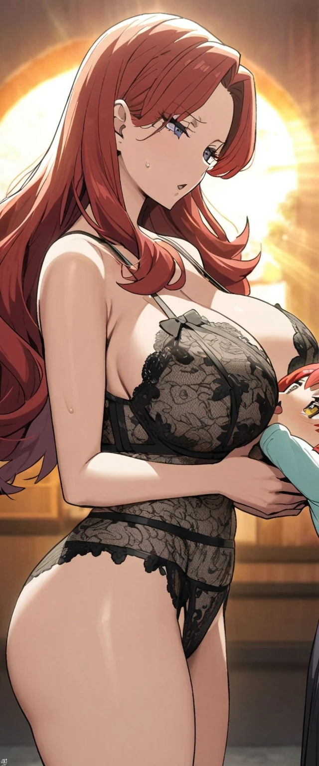 2 Perfect anime women, red hair with orange rays, whole body, mature woman, breastfeeding, lace lingerie on both women, la mujer amantando es la mature woman