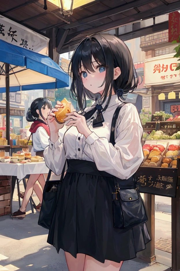 The town's market regains vitality、people々While enjoying daily life、A scene where black-haired Arisa and a middle-aged man are having breakfast at Astral Pavilion and discussing the town's defense.