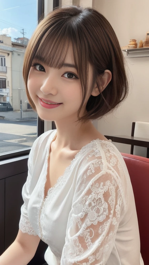 (1 young ultra Cute japanese girl,short silver hair,porcelain white skin,slender figure,lacy shirt,sitting in Italian cafe,drinking black tea,beautiful detailed eyes,long eyelashes,charming dropped eyes,lovely smiling lips,extremely detailed face without makeup:2.0),best quality,4k,8k,highres,masterpiece,ultra-detailed,realistic,photorealistic,photo-realistic,HDR,UHD,studio lighting,ultra-fine painting,sharp focus,physically-based rendering,extreme detail description,professional,vivid colors,bokeh,portraits,soft pastel colors,natural lighting,cinematic composition