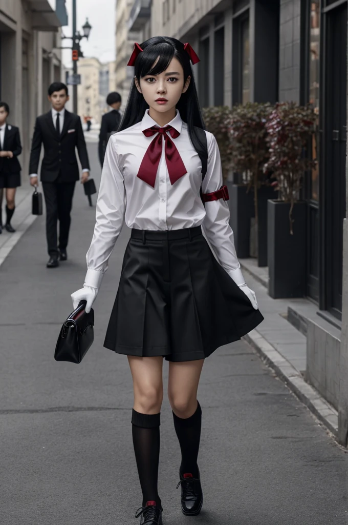 A female character in the movie My Hero Academy has black hair and blood-red eyes, Quirk power is through black pear and darkness (it looked like a glove covered with black pear) Appearance is a white high collar shirt, black shorts, Black shoes with high collars and ribbons around the neck.