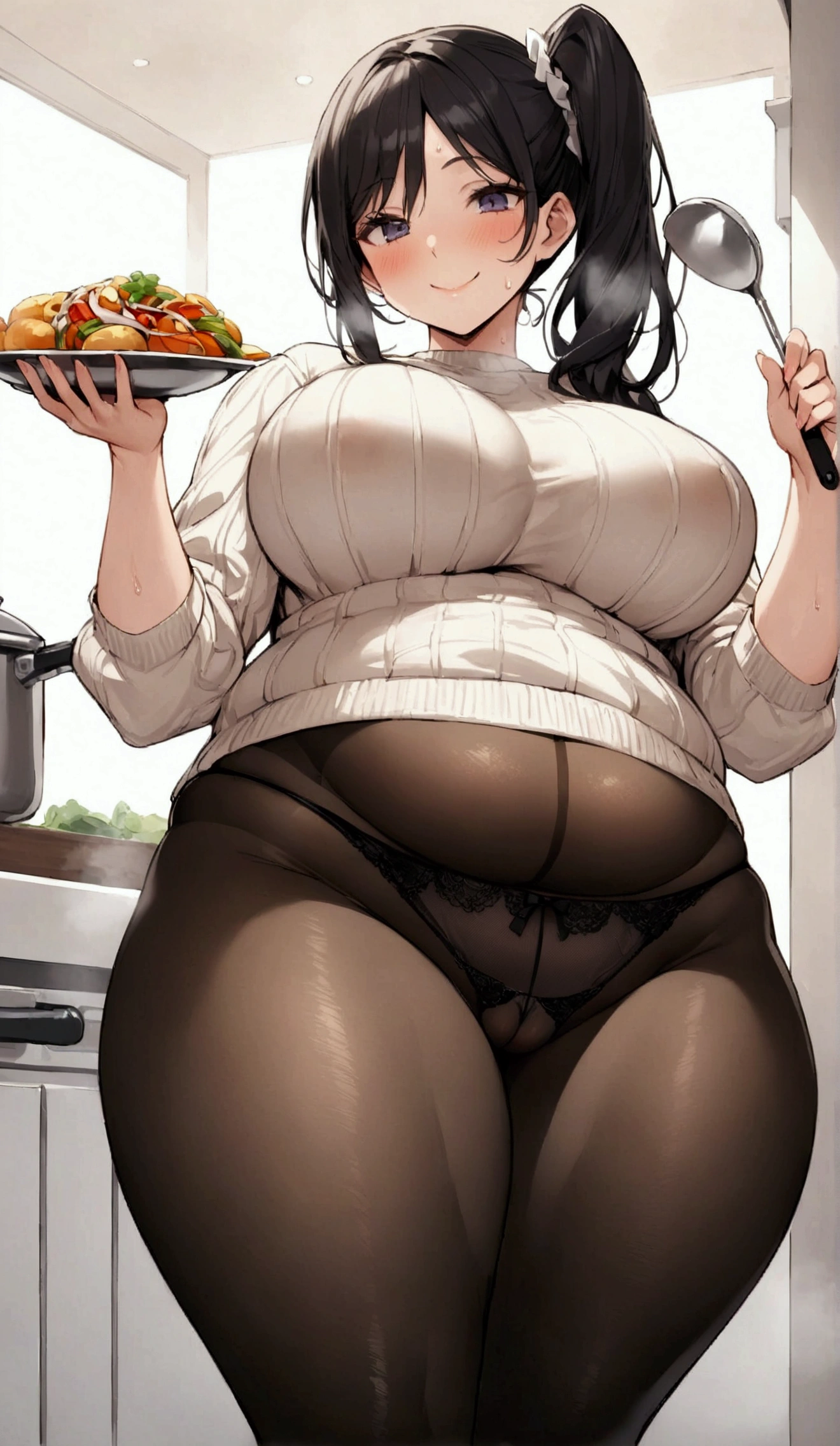 Married women、Married Woman、40 years old、Side Ponytail、wedding ring、Knitted sweater、Tight Skirt、Black Pantyhose、panties under pantyhose、kitchen、Highest quality, smile, Humming、Black lace panties, Big 、Big Ass、Plump thighs、Holding a ladle、The pot is boiling、I'm cooking、Sweaty pantyhose、slouch、Panty lines、Large amount of food