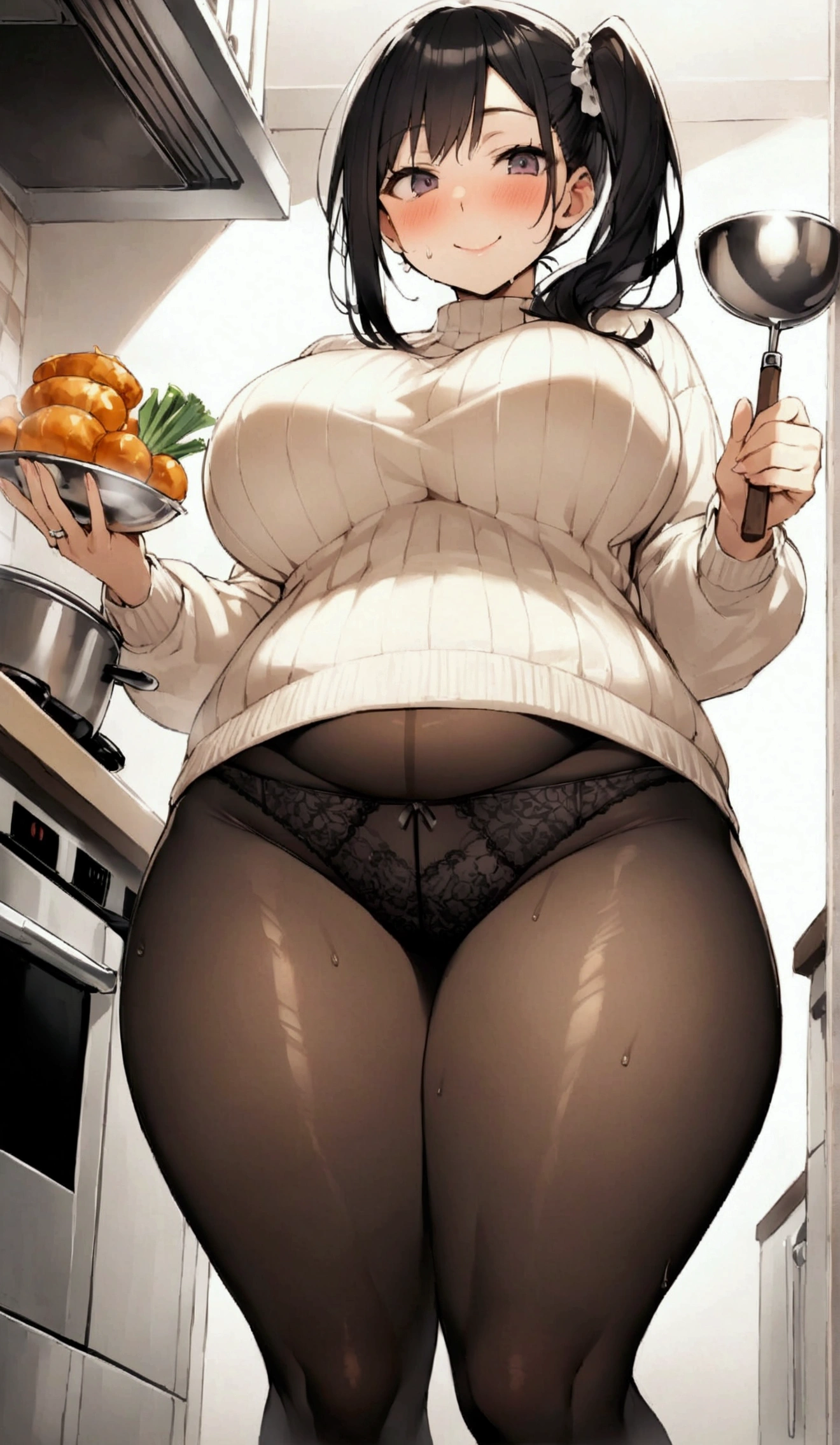 Married women、Married Woman、40 years old、Side Ponytail、wedding ring、Knitted sweater、Tight Skirt、Black Pantyhose、panties under pantyhose、kitchen、Highest quality, smile, Humming、Black lace panties, Big 、Big Ass、Plump thighs、Holding a ladle、The pot is boiling、I'm cooking、Sweaty pantyhose、slouch、Panty lines、Large amount of food