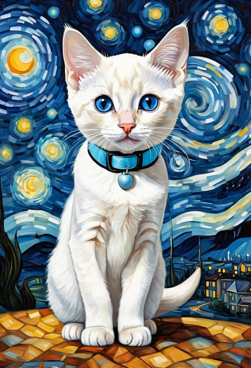Make me a 4 month old white Siamese kitten with a light blue collar , walking on the starry night by van goh and in the corner say cappuccino remember walking on the starry night by vincent van goh