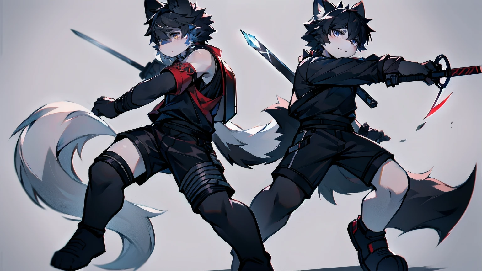 White Wolf,black hair,Red eyes,Wolf ears,Wolf Tail,juvenile,male,hairy,Hair,Half body armor,Combat uniform,Silver and black clothing,Handsome,Handsome,shorts,The forearm is exposed,leg,Fighting Stance,Duel,Two people,Anxious,Armed with a sword,Simple background,Swords