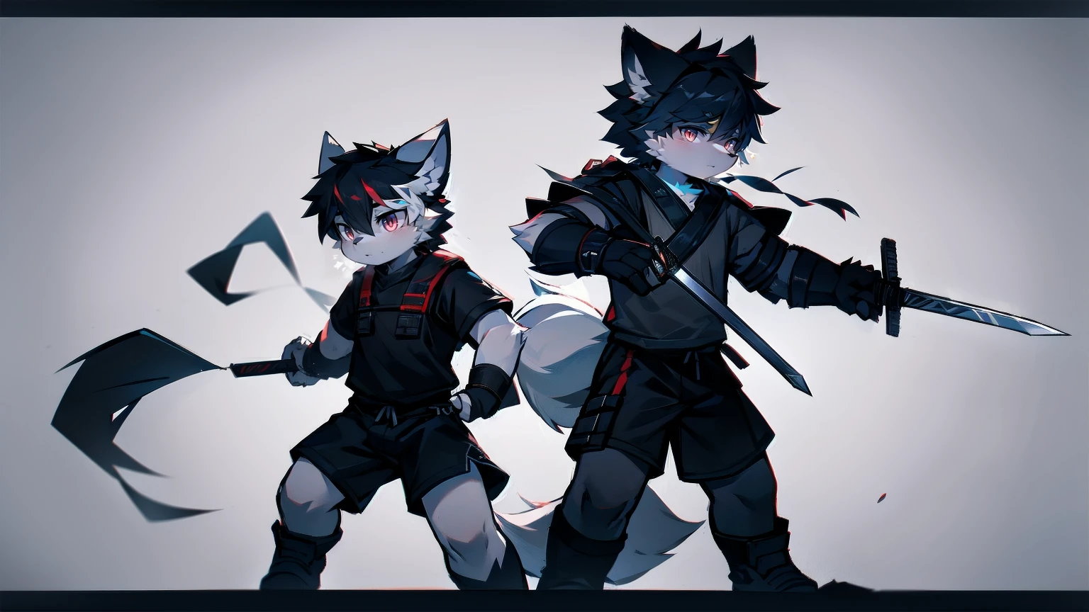White Wolf，black hair，Red eyes，Wolf ears，Wolf Tail，juvenile，male，hairy，Hair，Half body armor，Combat uniform，Silver and black clothing，Handsome，Handsome，shorts，The forearm is exposed，leg，Fighting Stance，Duel，Two people，Anxious，Armed with a sword，Simple background，Swords