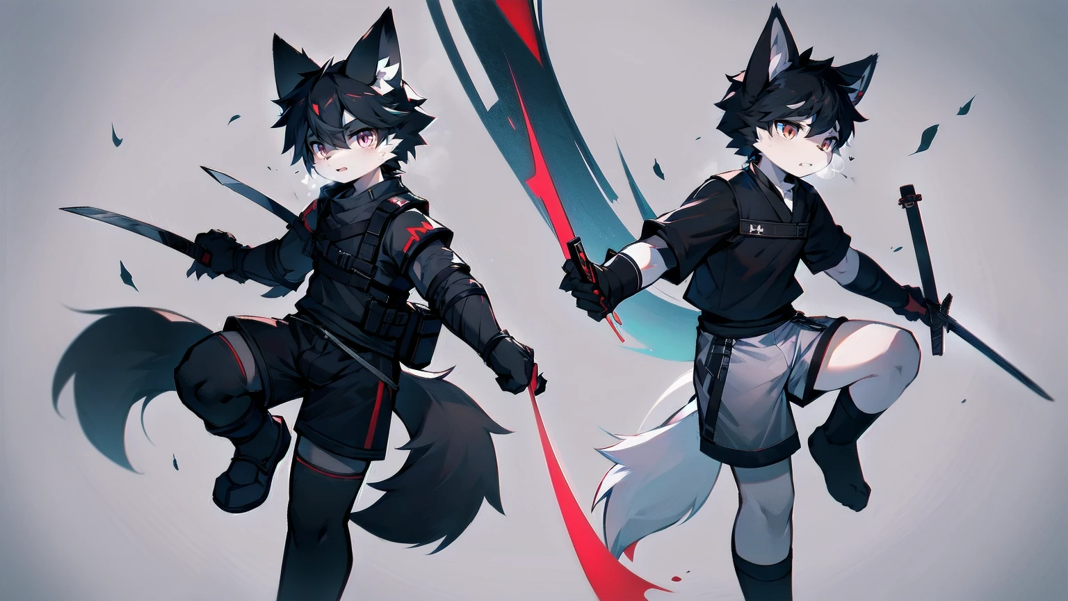 White Wolf，black hair，Red eyes，Wolf ears，Wolf Tail，juvenile，male，hairy，Hair，Half body armor，Combat uniform，Silver and black clothing，Handsome，Handsome，shorts，The forearm is exposed，leg，Fighting Stance，Duel，Two people，Anxious，Armed with a sword，Simple background，Swords