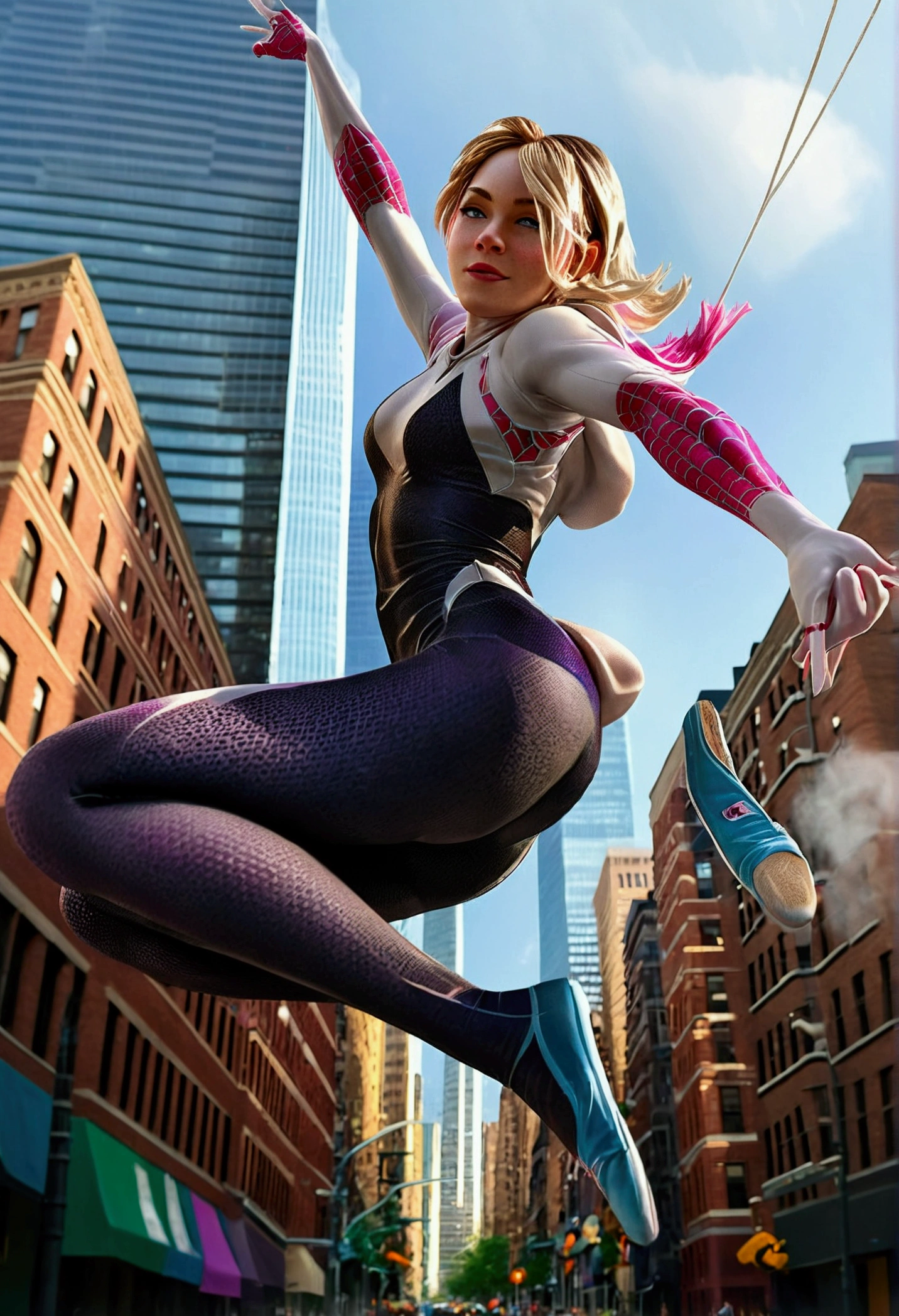 A realistic, spider-gwen, gwen stacy, hyperrealistic Spidergwen with athletic muscle, textured saturated white and black and pink trage, swinging through the city, legs spread, (best quality,4k,8k,highres,masterpiece:1.2),ultra-detailed,(realistic,photorealistic,photo-realistic:1.37),professional,vivid colors,bokeh