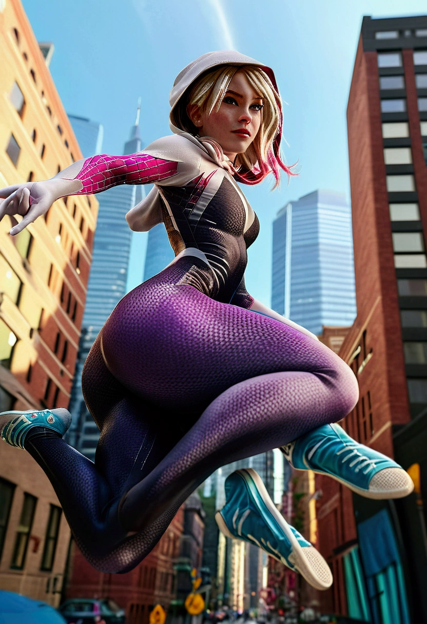 A realistic, spider-gwen, gwen stacy, hyperrealistic Spidergwen with athletic muscle, textured saturated white and black and pink trage, swinging through the city, legs spread, (best quality,4k,8k,highres,masterpiece:1.2),ultra-detailed,(realistic,photorealistic,photo-realistic:1.37),professional,vivid colors,bokeh