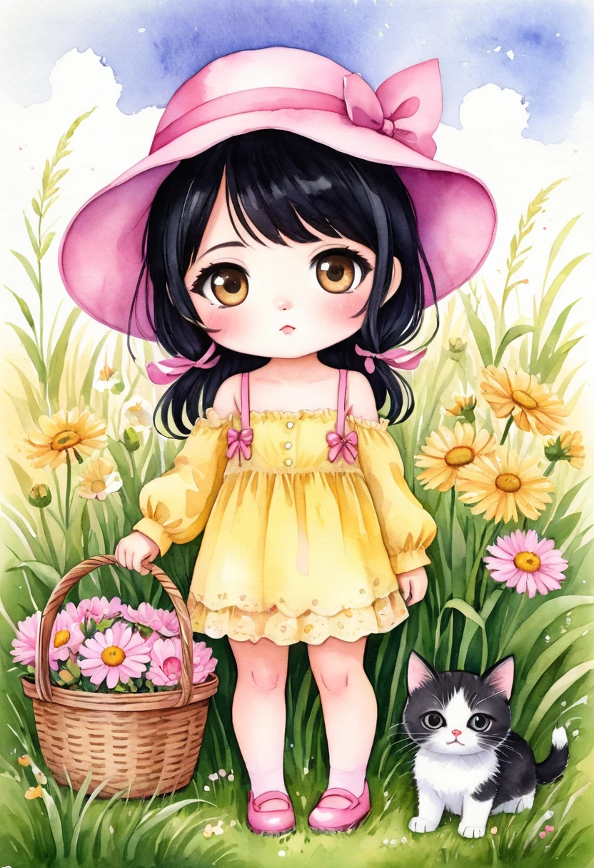 chibi, anime, watercolor illustration of a chibi style cartoon character standing in the grass. The Latina girl has black hair, wears a pink hat and big eyes. Her makeup is light. The character is wearing a long-sleeved yellow blouse underneath and a light pink spaghetti strap dress on top, as well as yellow shoes on her feet. She holds a basket of flowers in her hand and next to her is a sleeping kitten
