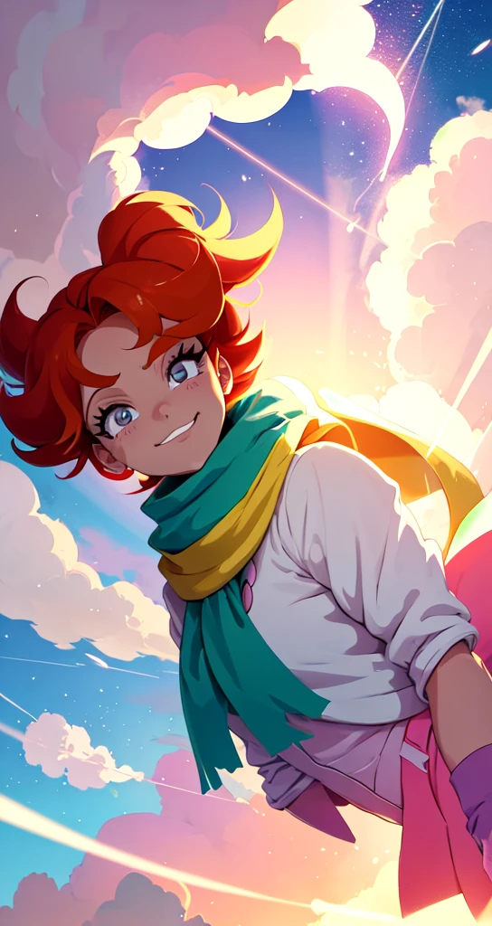 powerpuff girls style, illustration of a girl floating in the sky, scarf, floating hair, close-up, warm soft lighting, sunset, cloud, cloudy sky, (sparks:0.7), (light particles:1.1), volumetric lighting, smug, smirk