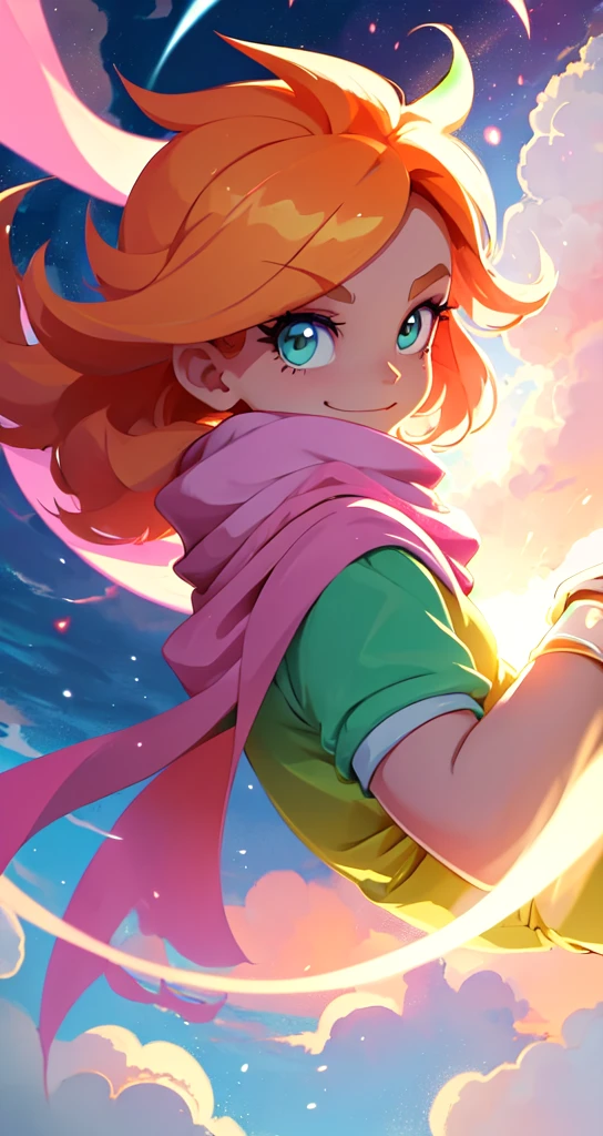 powerpuff girls style, illustration of a girl floating in the sky, scarf, floating hair, close-up, warm soft lighting, sunset, cloud, cloudy sky, (sparks:0.7), (light particles:1.1), volumetric lighting, smug, smirk