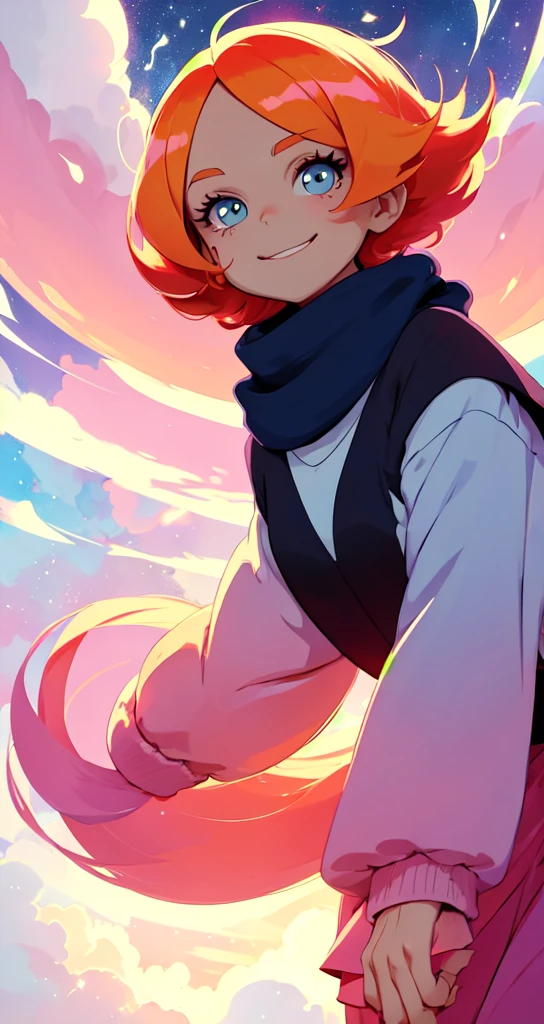powerpuff girls style, illustration of a girl floating in the sky, scarf, floating hair, close-up, warm soft lighting, sunset, cloud, cloudy sky, (sparks:0.7), (light particles:1.1), volumetric lighting, smug, smirk