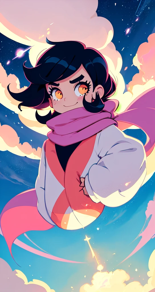 powerpuff girls style, illustration of a girl floating in the sky, scarf, floating hair, close-up, warm soft lighting, sunset, cloud, cloudy sky, (sparks:0.7), (light particles:1.1), volumetric lighting, smug, smirk