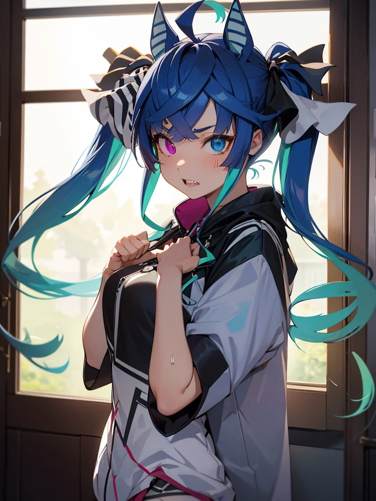 (Masterpiece, best quality, high res、highly detailed cg: 1), Create an image depicting a scene where a call girl, showing remnants of her delinquent (Yankee) past, is changing clothes in a private room of a brothel while questioning the client. The viewpoint should be from the client's perspective. The setting is a dimly lit private room typical of a brothel, and the call girl should exhibit traits of a former delinquent, such as certain attire or demeanor, while still wearing provocative clothing appropriate for her profession. Twin_Turbo_Umamusume, aqua hair, twintails, heterochromia, purple eyes, blue eyes, sharp teeth,hores tails, nsfw, Smoky eyes, Heavy makeup, Tattoos