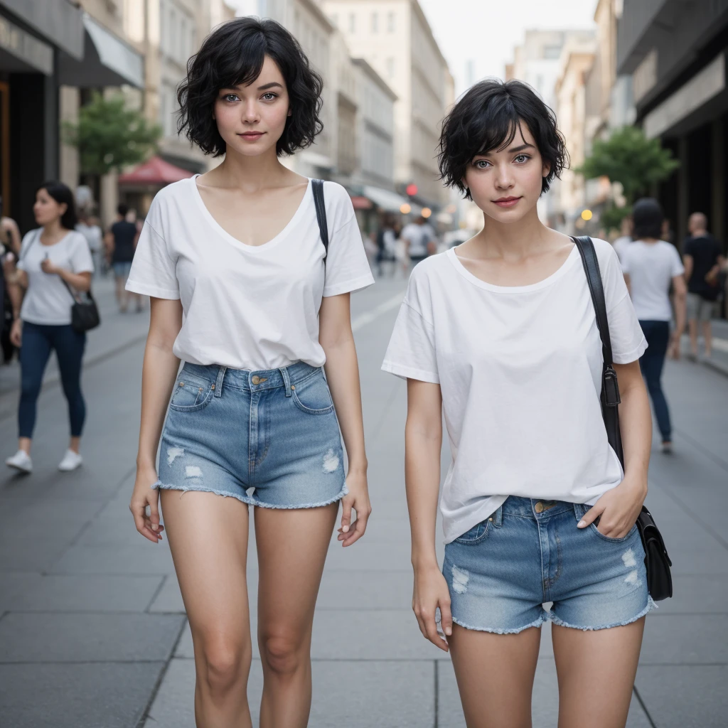 1girl, short black hair, blue eyes, wearing plain white shirt, denim shorts, city, absurdres, high res, ultrasharp, 8K, masterpiece, looking at viewer