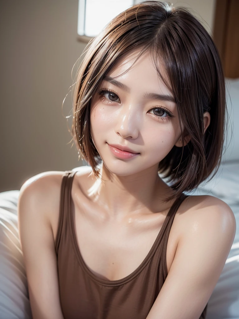 (((Face close-up)))、(((Absolutely shoulder-length brown straight short bob)))、(((She's lying on the bed and looking at us.)))、((((Thin tank top)))、Half Japanese and half Korean、28 year old girl、Looking forward、Light eye makeup、Brown Hair Color、Hair blowing in the wind、quality、Shiny Ultra-Realistic Face、glossy、lure、Sweaty,Watery eye、Gaze Up、Subtle lighting effects、Ultra-Realistic Capture、Very detailed、High resolution 16K human skin closeup。Skin texture must be natural、The detail must be such that the pores are clearly visible.、The skin is healthy、Even Tone、Use natural light and colors、High quality photos taken in-house by a model agency photographer、smile、(((SIGMA 300 mm F/1.4、1/1000 sec shutter、ISO 400)))