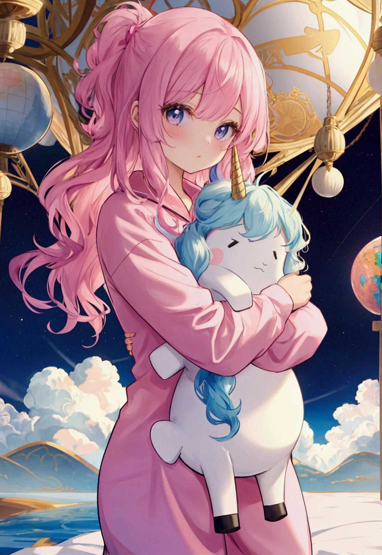 beautiful girl with pink hair in unicorn pajamas hugs the globe