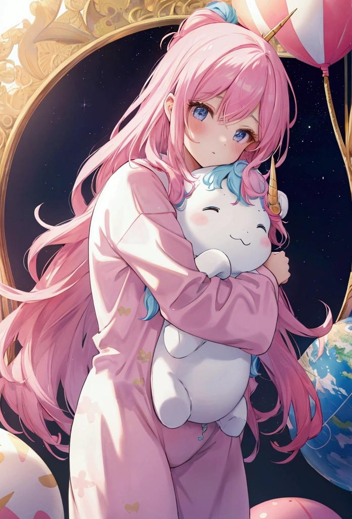 beautiful girl with pink hair in unicorn pajamas hugs the globe