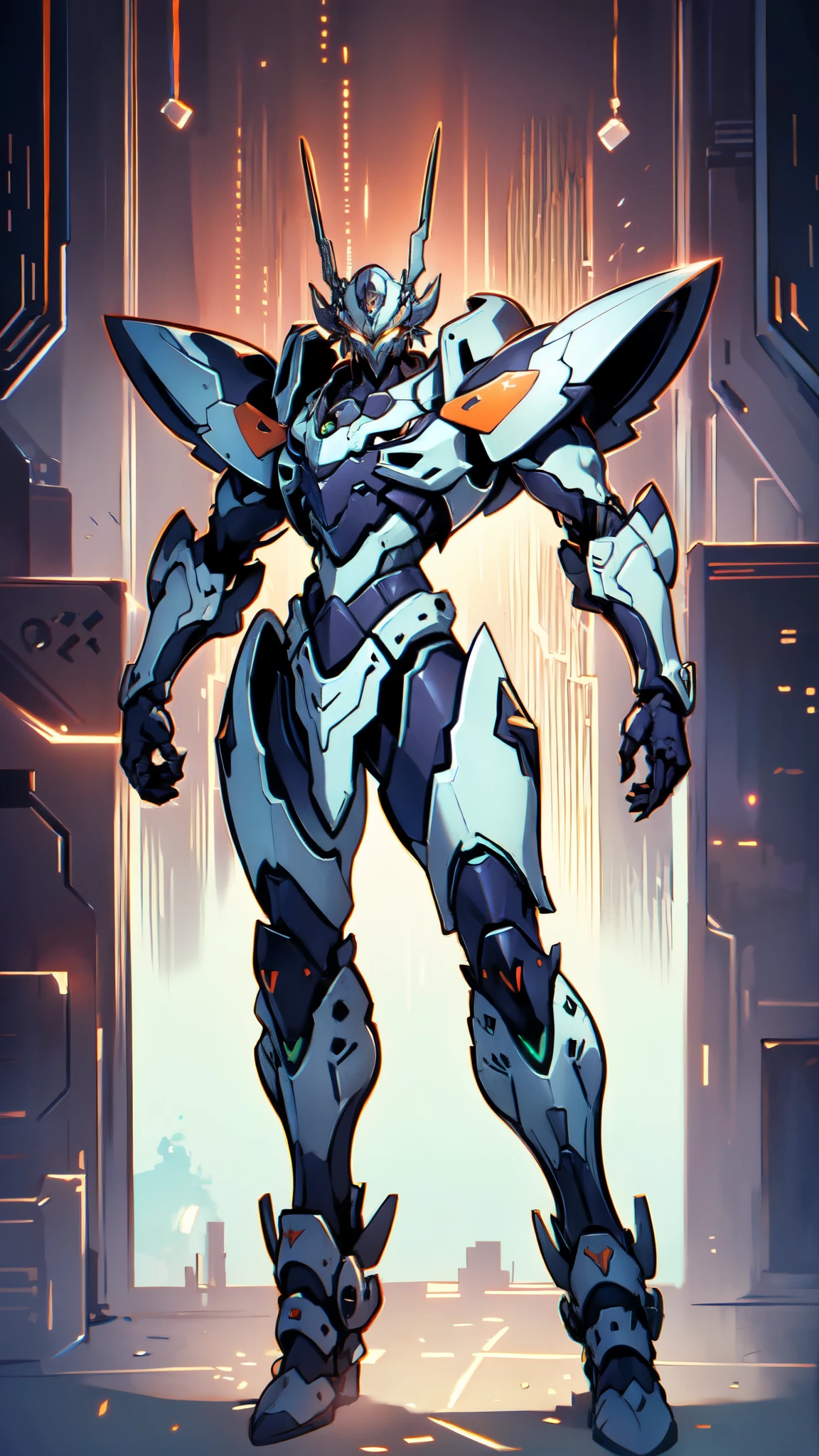 (masterpiece:1.5, best quality:1.5, extremely delicate:1.5), humanoid Mecha, fully enclosed shoulder guards, matching arm and leg guards, full body, full armor, the design balances heavy with agility, (the color scheme is primarily white with red and blue accents, the concept Inspired by Super robot, organic biotech armor, standing, floating high above the futuristic sci-fi city), exquisite and mature art style, (aura effect, energy, glowing eyes, the armor glows), metallic, dramatic, high definition, highres, ultra-detailed, ultra-fine painting, professional, perfect body proportions, anatomically correct, symmetrical face, extremely detailed eyes and face, high quality eyes, creativity, RAW photo, UHD, 32k, Natural light, cinematic lighting, masterpiece-anatomy-perfect