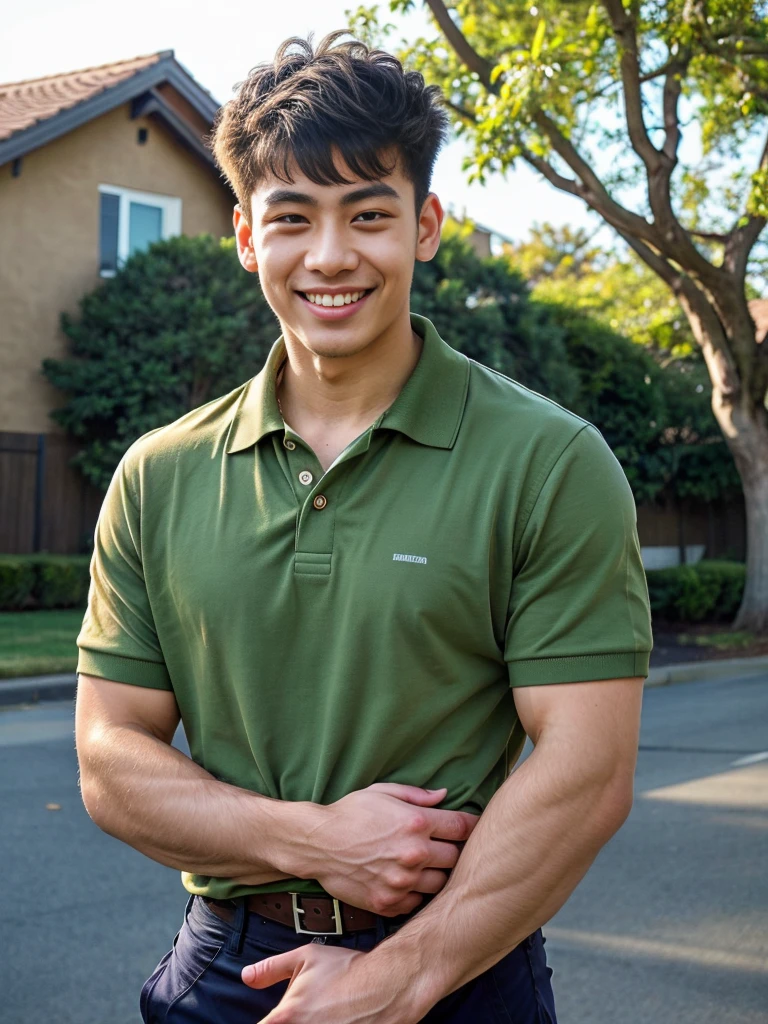 (best quality, 4K, 8k, high resolution, Masterpiece: 1.2), Special details, (realistically, As realistic as a photo, photo realistic: 1.37), Edge lighting, Extra detailed coloring, sharp focus, Physical rendering ,Extremely detailed description,professional,light color,Bokeh,Portrait,look at the viewer, Young Asian man, 20 years old ,(wearing a brown polo shirt), smile ,Wide yard