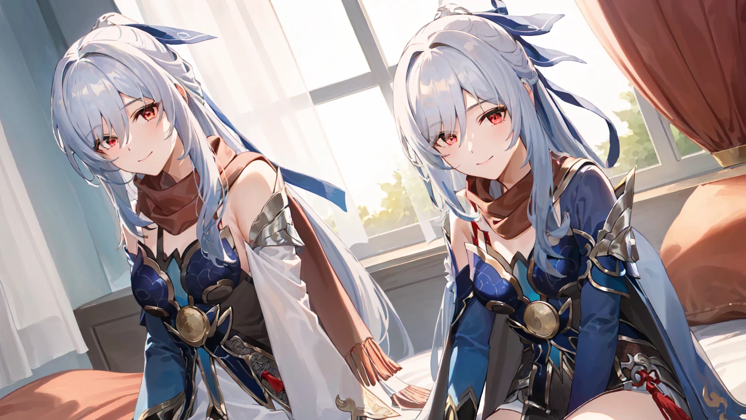 masterpiece, best quality, JingliuV5, white hair, long hair, red eyes, white dress, white sailor collar, white scarf, sitting on bed, indoors, bedroom, windows, blue sky, warm smile, upper body. closed mouth,