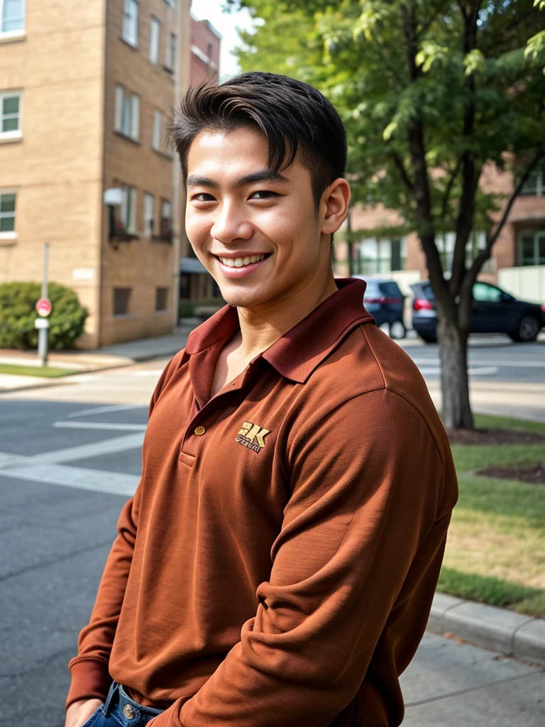 (best quality, 4K, 8k, high resolution, Masterpiece: 1.2), Special details, (realistically, As realistic as a photo, photo realistic: 1.37), Edge lighting, Extra detailed coloring, sharp focus, Physical rendering ,Extremely detailed description,professional,light color,Bokeh,Portrait,look at the viewer, Young Asian man, 20 years old ,(wearing a brown polo shirt), smile ,Wide yard