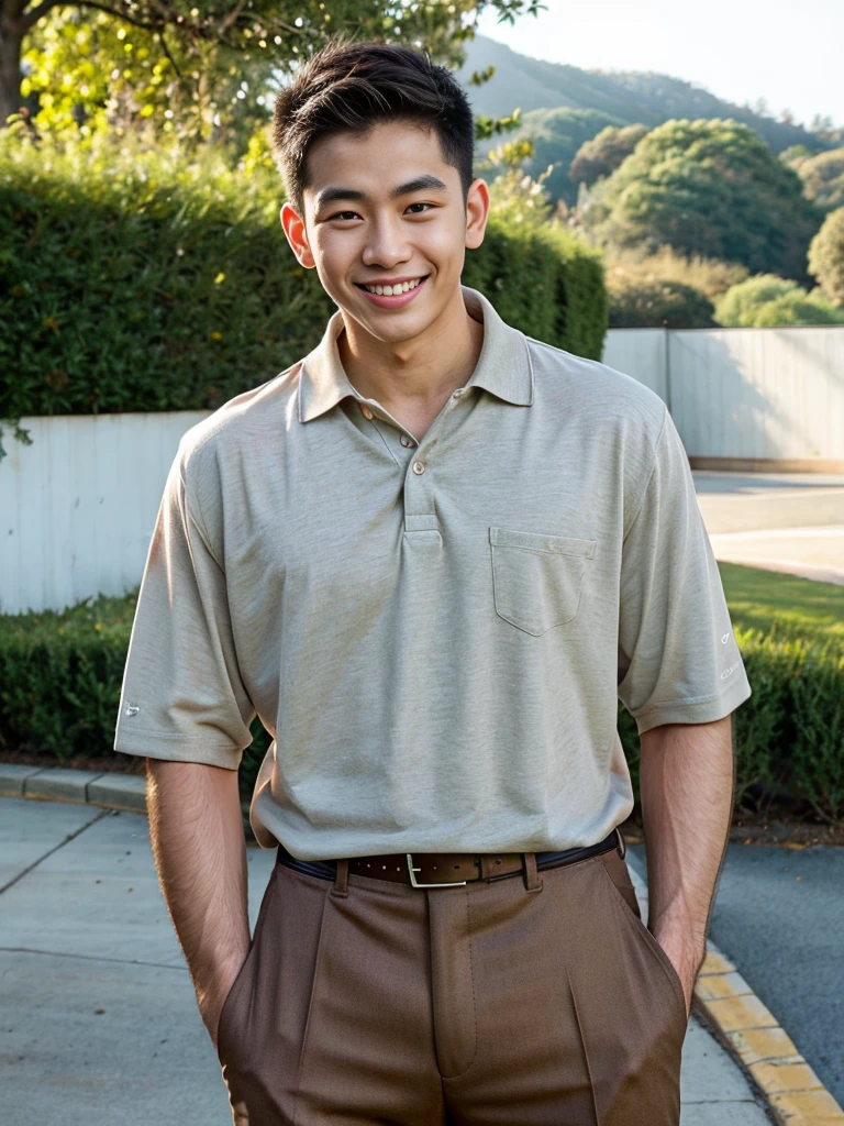 (best quality, 4K, 8k, high resolution, Masterpiece: 1.2), Special details, (realistically, As realistic as a photo, photo realistic: 1.37), Edge lighting, Extra detailed coloring, sharp focus, Physical rendering ,Extremely detailed description,professional,light color,Bokeh,Portrait,look at the viewer, Young Asian man, 20 years old ,(wearing a brown polo shirt), smile ,Wide yard