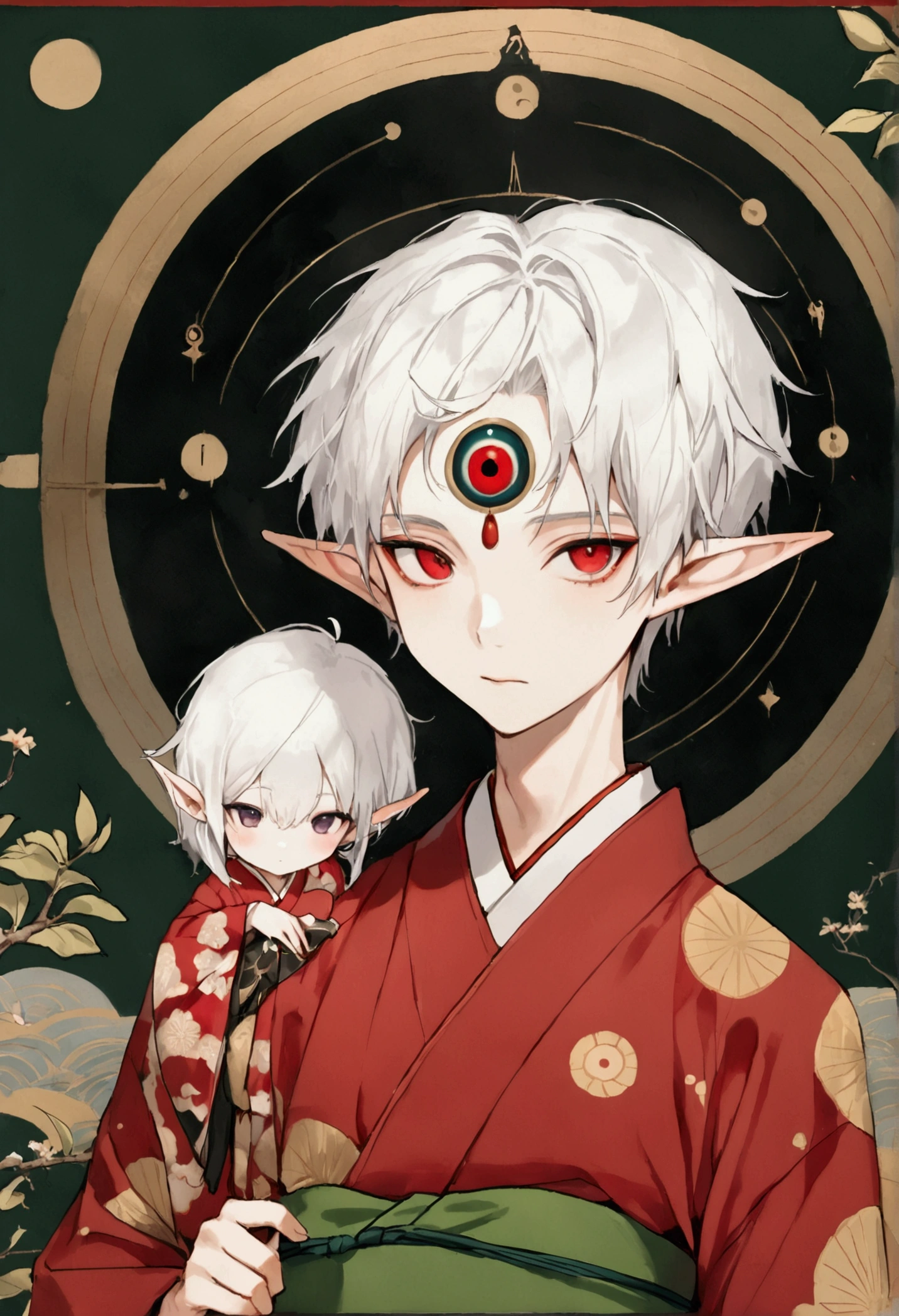 (((1 Boy,独奏,third eye on the forehead,Dark eyeshadow.Middle-parted white hair-super short hair,Elf ears))),(((Gorgeous Japanese red kimono:1.6,Eye Diagram,Dark Pattern))).(((Thin waist,Greenbelt:1.37)))