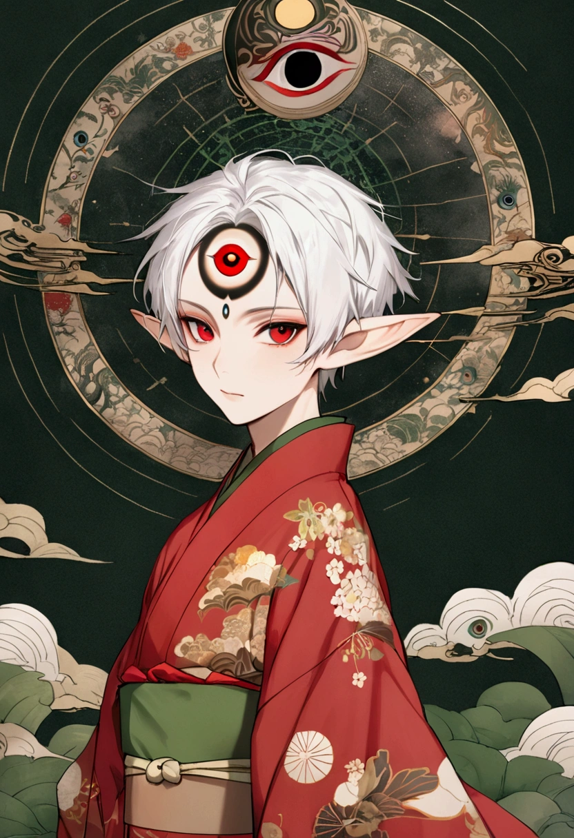 (((1 Boy，独奏，third eye on the forehead，Dark eyeshadow.Middle-parted white hair-super short hair，Elf ears))),(((Gorgeous Japanese red kimono：1.6，Eye Diagram，Dark Pattern))).(((Thin waist，Greenbelt：1.37)))