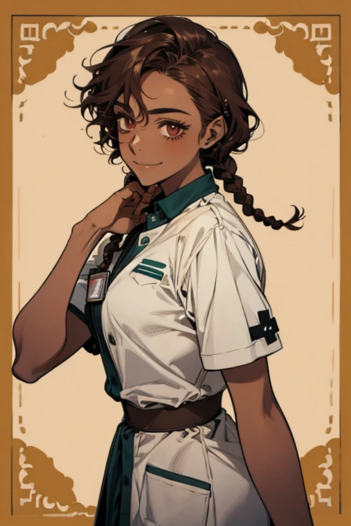 A brazilian young nurse with side braids and a fake smile, brown skin, brown eyes and curly short hair.