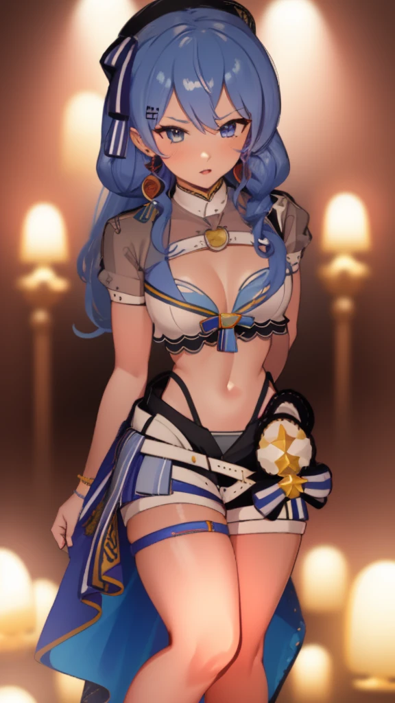 masterpiece, best quality, 1girl, solo, animegirl, hoshimachi suisei from hololive, hoshimachi suisei, ample bust, wearing a bikini, stomach exposed, thick thighs, ribcage visible, belly, sexy, realistic physique, red hair, twintails, hands on her waist