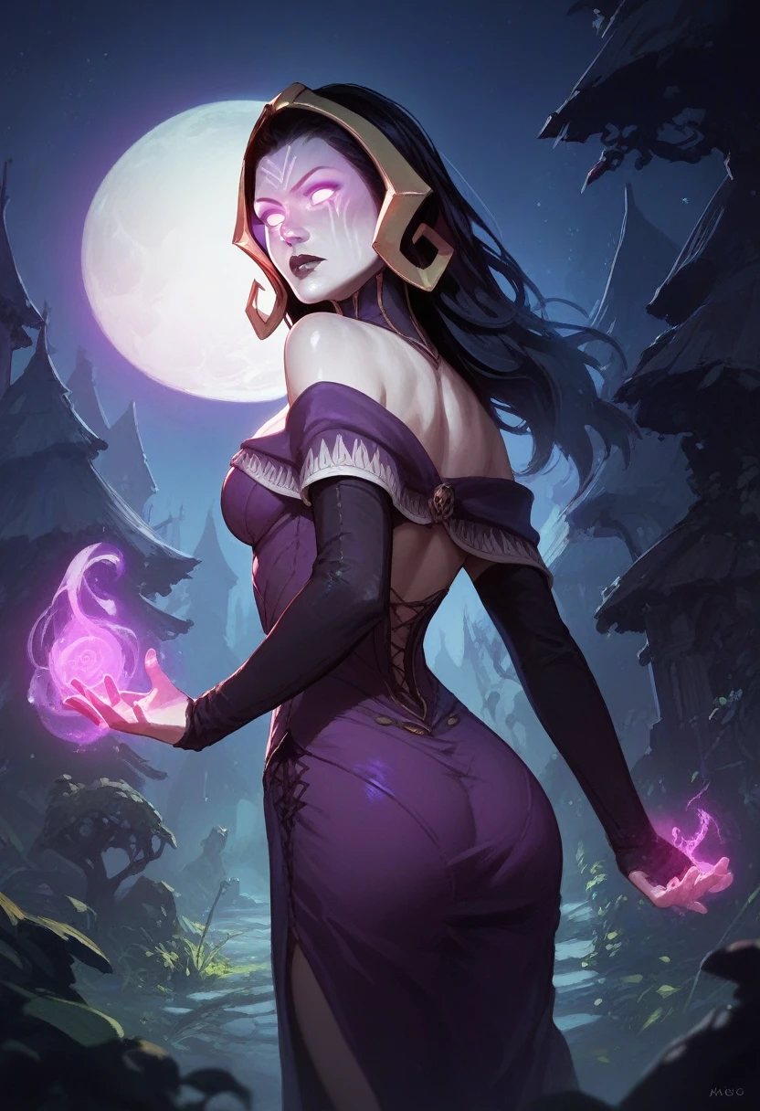 lilianavess, 1girl, from behind, looking back, black hair, long hair, purple eyes, pale skin, lipstick, purple dress, bare shoulders, medium breasts, cleavage, long sleeves, glowing, facial mark, glowing eyes, magic,  outdoors, full moon, night, dark, tree, score_9, score_8_up, score_7_up, score_6_up, score_5_up, score_4_up, ponypositive,