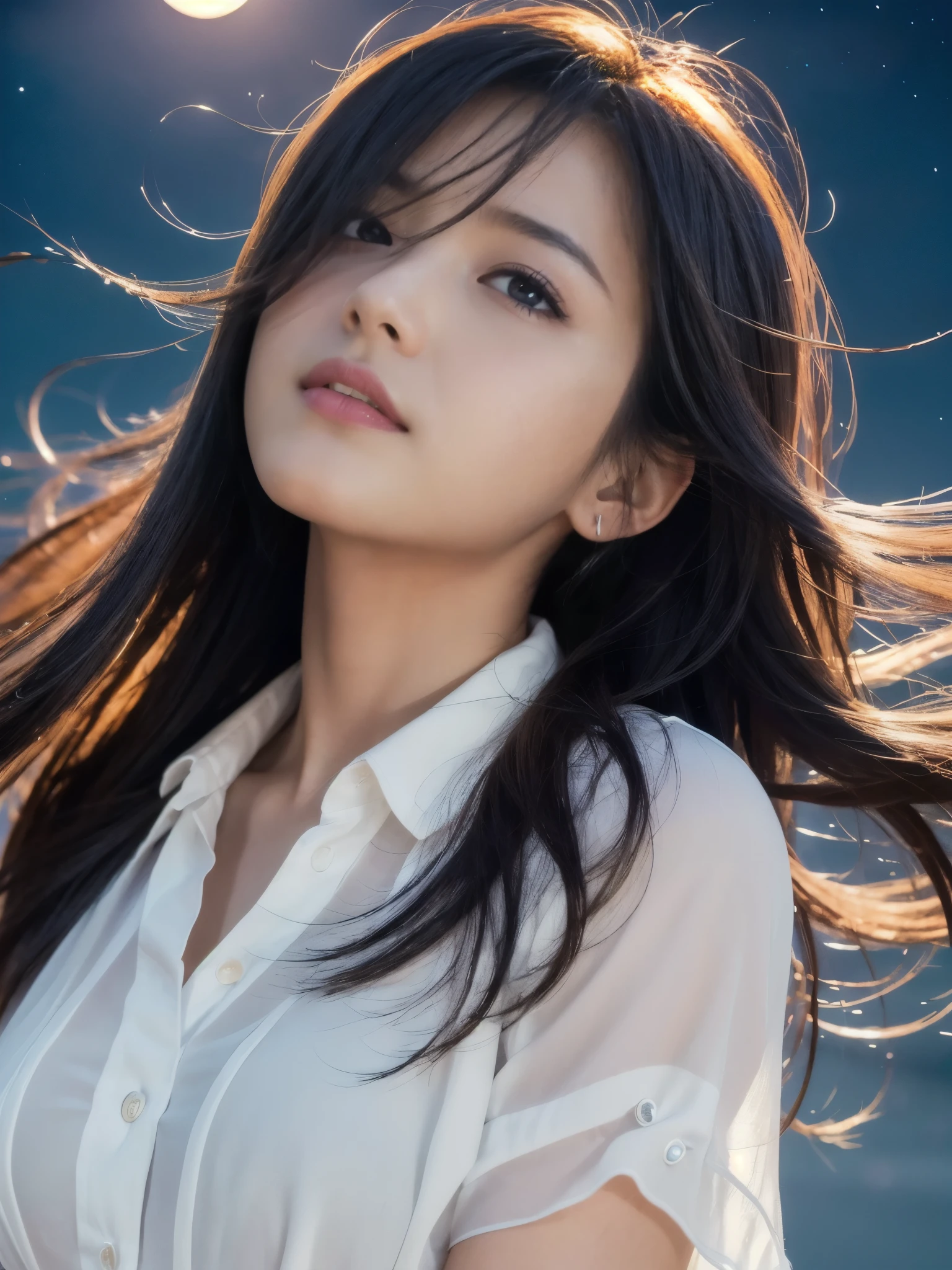 (highest quality,masterpiece:1.3,ultra high resolution),(Super detailed,caustics,8k),(photorealistic:1.4,RAW shooting),(night),(Night Sky),(starry sky),(full moon),(beach),(A girl looking up at the full moon),Are standing,36-year-old,cute,Japanese,black long hair,strong wind,(hair blowing in the wind),(white blouse),Natural light,moonlight,(side shot),(bust up shot),(low position),(Low - Angle)