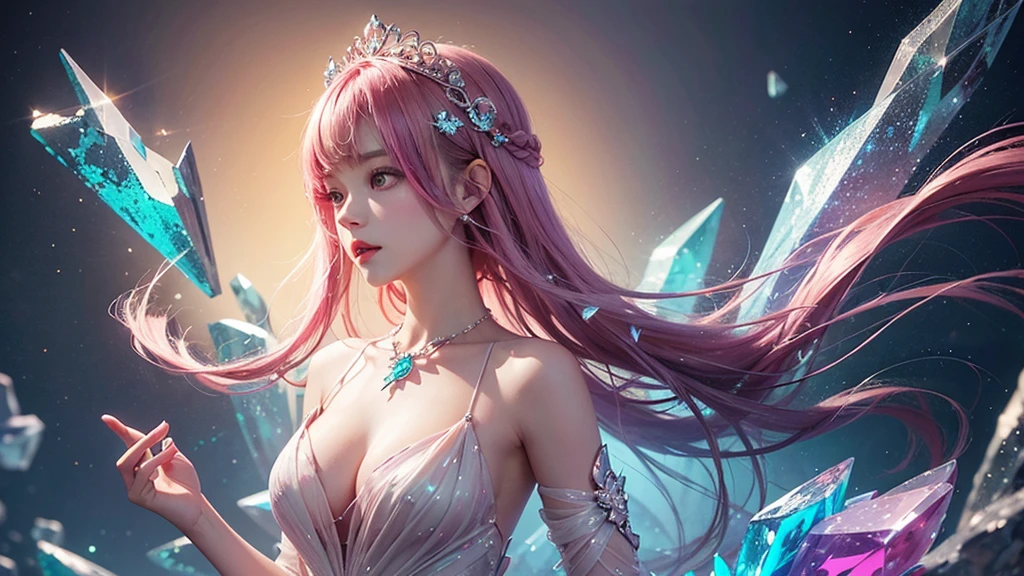 Highest quality，masterpiece，16K，One girl, bangs, Exposing shoulders, chest, Crown, crystallization, dress, From the side, gem,Colorful crystallizations,Crystal Headwear,There are many crystallizations on the clothes,Colorful Gradient Hair,カラフルなdress,Colorful crystals floating,Body crystals,Crystal Necklace,Colorful crystallization decoration,crystalline girl, Gradient Hair, jewelry, Long Hair, compensate, medium chest, Multicolored Hair, Pink Hair, alone, tiara