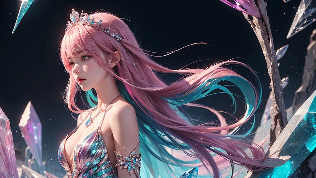 Highest quality,masterpiece,16K,One girl, bangs, Exposing shoulders, chest, Crown, crystallization, dress, From the side, gem,Colorful crystallizations,Crystal Headwear,There are many crystallizations on the clothes,Colorful Gradient Hair,カラフルなdress,Colorful crystals floating,Body crystals,Crystal Necklace,Colorful crystallization decoration,crystalline girl, Gradient Hair, jewelry, Long Hair, compensate, medium chest, Multicolored Hair, Pink Hair, alone, tiara