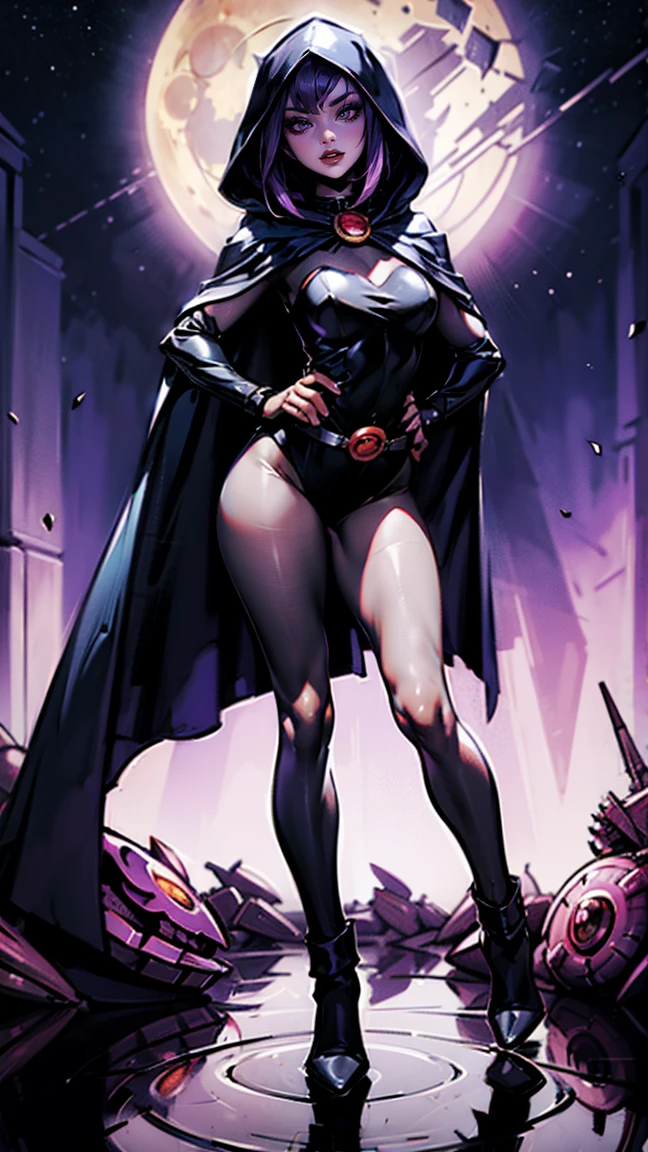 illustration of Raven from DC Comics, 1 girl, Raven, high collar, black leotard, black cape, hooded cloak, cabelo roxo, testa jeauel, purples eyes, shorth hair, belt, stretched skin, standing, neckleace, toned, pose, natta , moonlights, ((posando)), motion lines, trunk, trunk, portraite, b&au. contour, in anime tarot card art style, chic, glamourous, reflection, Glow Up, shadowing, pantyhose 40 dinier, mic, dynamic poses