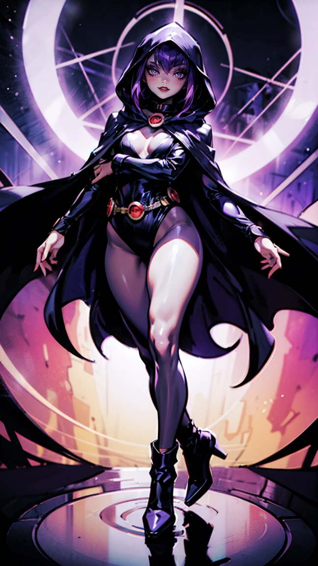 illustration of Raven from DC Comics, 1 girl, Raven, high collar, black leotard, black cape, hooded cloak, cabelo roxo, testa jeauel, purples eyes, shorth hair, belt, stretched skin, standing, neckleace, toned, pose, natta , moonlights, ((posando)), motion lines, trunk, trunk, portraite, b&au. contour, in anime tarot card art style, chic, glamourous, reflection, Glow Up, shadowing, pantyhose 40 dinier, mic, dynamic poses