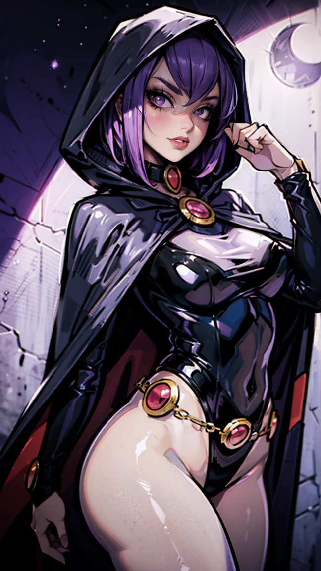 illustration of Raven from DC Comics, 1 girl, Raven, high collar, black leotard, black cape, hooded cloak, cabelo roxo, testa jeauel, purples eyes, shorth hair, belt, stretched skin, standing, neckleace, toned, pose, natta , moonlights, ((posando)), motion lines, trunk, trunk, portraite, b&au. contour, in anime tarot card art style, chic, glamourous, reflection, Glow Up, shadowing, pantyhose 40 dinier, mic, dynamic poses