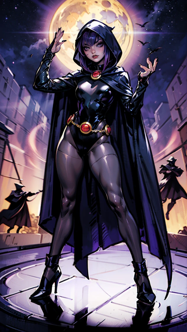 illustration of Raven from DC Comics, 1 girl, Raven, high collar, black leotard, black cape, hooded cloak, cabelo roxo, testa jeauel, purples eyes, shorth hair, belt, stretched skin, standing, neckleace, toned, pose, natta , moonlights, ((posando)), motion lines, trunk, trunk, portraite, b&au. contour, in anime tarot card art style, chic, glamourous, reflection, Glow Up, shadowing, pantyhose 40 dinier, mic, dynamic poses