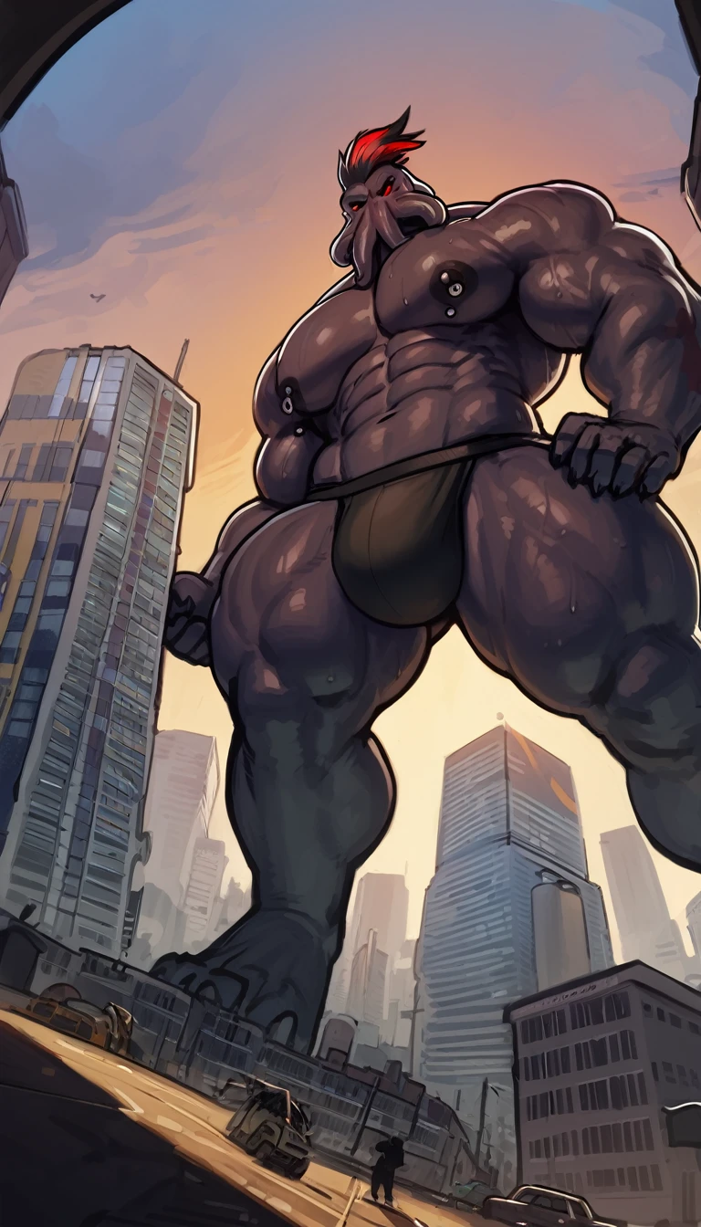 low angle view, presenting view, perspective, perfect framing, cinematic shot, cinematic framing, on horizon line, horizon visible, standing in city, wide shot, macro, extremely tall, incredibly huge, insane height, in tiny city, gray and black bara cthulhu, tentacles, dark velvet highlights, strong physique, red highlights, red colored eyes, black sclera, very muscular, perfect anatomy, nipple piercings, solo, masterpiece, thick thighs, giant biceps, , strong physique, glowing eyes, very muscular, perfect anatomy, full body view in frame, nipple piercings, muscular, feet shown, 5 fingers, sweat, amazing shading, clear focus, great lighting, super detailed, strong pose, 8K, colorful, vivid color, digital art, character design, great character design, design concept, standing, standing pose, very detailed eyes, abs, (detailed:1.5), simple background, jockstrap, front view, by zackary911, by SligarTheTiger, by Shibziroo,  by meesh, by nightterror,
