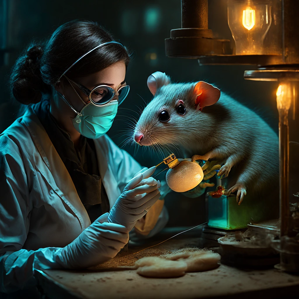 woman scientist with a mask treating an injured small rat in an old laboratory under dim light